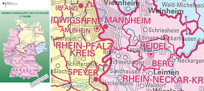 Verwaltungskarte Deutschland 1:750 000 mit Bestäbung