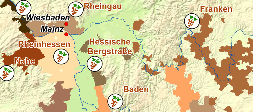 Themenkarte: Hopfen- und Weinanbaugebiete in Deutschland