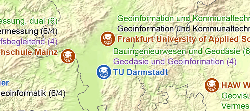 Themenkarte: Hochschulstandorte mit Studiengängen der Geoinformationstechnologie in Deutschland
