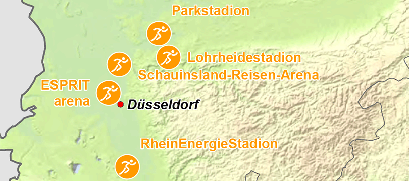 Themenkarte: Orte mit Leichtathletikmeisterschaften seit 1946 in Deutschland