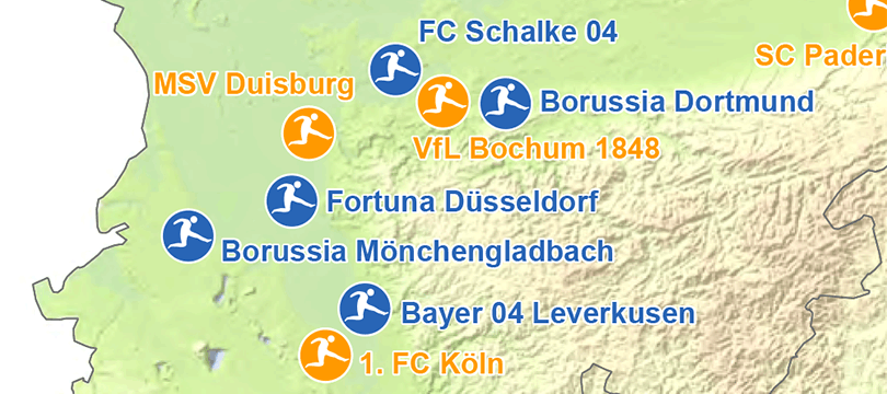 Themenkarte: Fußballvereine der 1. und 2. Bundesliga zur Saison 2018/2019 in Deutschland