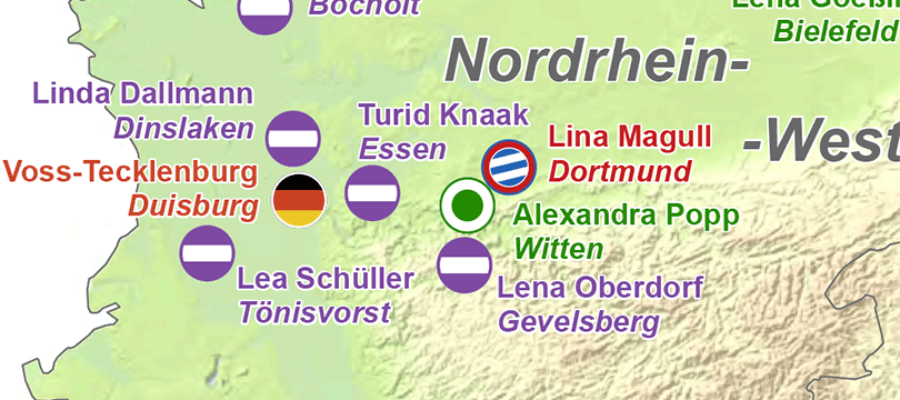Themenkarte: Geburtsorte der deutschen Fußballnationalmannschaft der Frauen